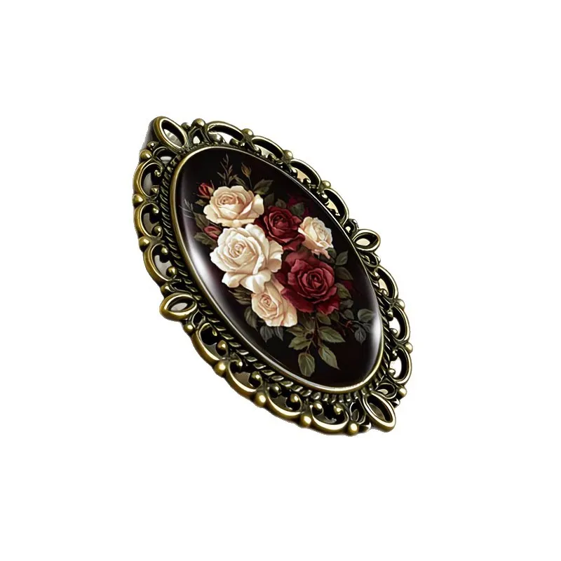 Vintage Rose Oval Glass Brooch – Filigree Border Lapel Pin, Classic Floral Clothing & Backpack Accessory, Ideal Gift for Women